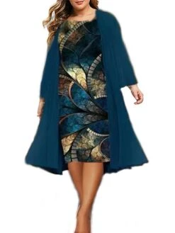 Women‘s Plus Size Curve Two Piece Dress Graphic Crew Neck Print Long Sleeve Winter Fall Elegant Casual Knee Length Dress Daily Holiday Dress