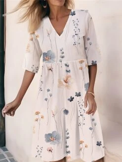 Women's Casual Dress Cotton Linen Dress Midi Dress Polyester Fashion Casual Daily Outdoor Daily Vacation V Neck Print Half Sleeve Spring Fall Autumn 2023 Loose Fit White Floral S M L XL 2XL