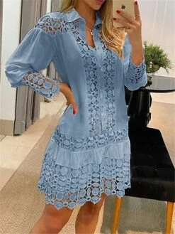 Women's Shirt Dress Casual Dress Cotton Linen Dress Mini Dress Lace Basic Classic Outdoor Daily Vacation Shirt Collar Lace Patchwork Long Sleeve Summer Spring Fall 2023 Loose Fit White Sky Blue Plain -HAYz Clothing Shop ddymup1689764903247
