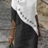 Women's Casual Dress Cotton Linen Dress Shift Dress Mini Dress Cotton Blend Fashion Modern Outdoor Daily Vacation V Neck Patchwork Button Half Sleeve Summer Spring 2023 Regular Fit White Flower S M L