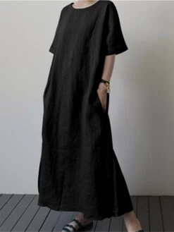 Women's Casual Dress Cotton Linen Dress Swing Dress Maxi Long Dress Cotton Blend Elegant Casual Outdoor Daily Holiday Crew Neck Pocket Tie Belt Short Sleeve Summer Spring 2023 Regular Fit Black -HAYz Clothing Shop deggcb1654591121572