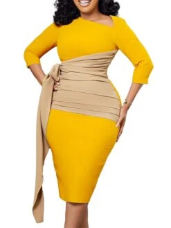 Women‘s Plus Size Curve Work Dress Color Block V Neck 3/4 Length Sleeve Spring Fall Work Elegant Knee Length Dress Work Work Dress Dress -HAYz Clothing Shop demcrs1665655672636
