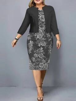 Women's Plus Size Curve Casual Dress Dress Set Two Piece Dress Floral Midi Dress Long Sleeve Print Crew Neck Fashion Outdoor Black Blue Fall Winter L XL XXL 3XL 4XL -HAYz Clothing Shop dfduns1695103059882
