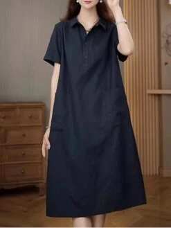 Women's Casual Dress Cotton Linen Dress Midi Dress Polyester Casual Daily Casual Outdoor Home Holiday Shirt Collar Pocket Short Sleeve Summer Spring 2023 Loose Fit Navy Blue Purple Brown Plain M L XL -HAYz Clothing Shop dfkfhk1689763765277