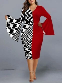Women's Plus Size Curve Party Dress Cocktail Dress Work Dress Geometric Stripe Midi Dress Long Sleeve Print V Neck Fashion Party Black Red Fall Winter XL XXL 3XL 4XL 5XL -HAYz Clothing Shop dfxdch1695712247554