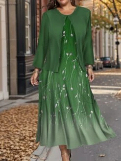 Women's Plus Size Two Piece Dress Set Casual Dress Swing Dress Outdoor Office Fashion Streetwear Print Midi Dress Crew Neck Long Sleeve Floral Ombre Regular Fit Wine Blue Green Fall Winter L XL XXL -HAYz Clothing Shop dgbhdw1697784866462