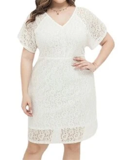 Women's Plus Size Party Dress Lace Dress Cocktail Dress Midi Dress White Short Sleeve Pure Color Lace Spring Fall Winter V Neck Fashion Birthday Wedding Guest Vacation 2023 XL XXL 3XL 4XL -HAYz Clothing Shop dgmlzk1693535467380