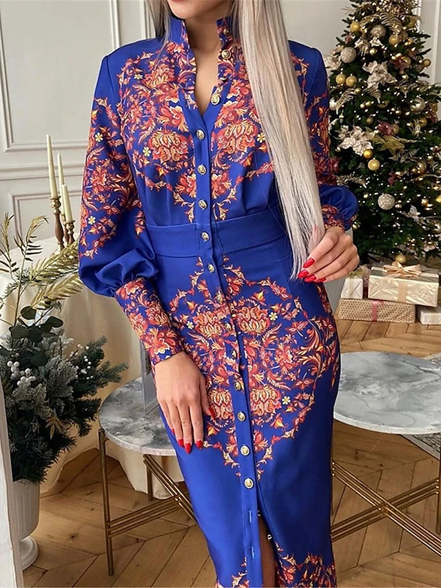 Women's Shirt Dress Casual Dress Bodycon Midi Dress Outdoor Office Daily Polyester Fashion Romantic Stand Collar Button Print Long Sleeve Summer Spring Fall 2023 Slim Blue Khaki Floral S M L XL 2XL 4 Women's Shirt Dress Casual Dress Bodycon Midi Dress Outdoor Office Daily Polyester Fashion Romantic Stand Collar Button Print Long Sleeve Summer Spring Fall 2023 Slim Blue Khaki Floral S M L XL 2XL - Image 4