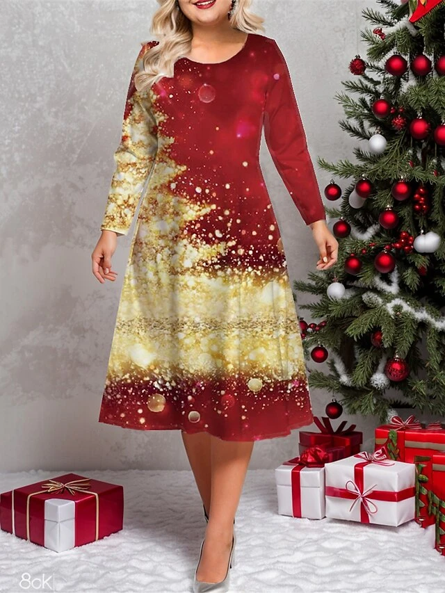 Women's Plus Size Curve Casual Dress Winter Dress Skater Dress Christmas Tree Snowflake Midi Dress Long Sleeve Print Crew Neck Fashion Outdoor White Wine Fall Winter L XL XXL 3XL 4XL 3 Women's Plus Size Curve Casual Dress Winter Dress Skater Dress Christmas Tree Snowflake Midi Dress Long Sleeve Print Crew Neck Fashion Outdoor White Wine Fall Winter L XL XXL 3XL 4XL - Image 3