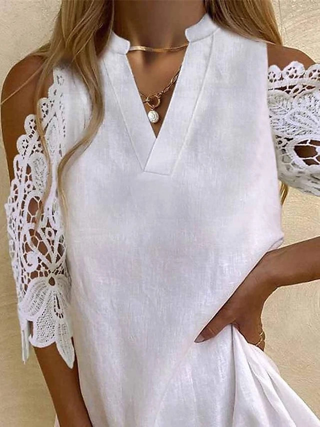 Women's Casual Dress Cotton Dress White Dress Mini Dress Cotton Fashion Modern Outdoor Daily Holiday Split Neck Lace Cold Shoulder Half Sleeve Summer Spring 2023 Loose Fit White Plain S M L XL 2XL 2 Women's Casual Dress Cotton Dress White Dress Mini Dress Cotton Fashion Modern Outdoor Daily Holiday Split Neck Lace Cold Shoulder Half Sleeve Summer Spring 2023 Loose Fit White Plain S M L XL 2XL - Image 2