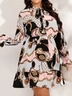 Women's Plus Size Curve Casual Dress Chiffon Dress A Line Dress Geometric Color Block Midi Dress Long Sleeve Lace Up Print Stand Collar Fashion Daily Pink Blue Fall Winter L XL XXL 3XL 4XL -HAYz Clothing Shop dhcujl1695025296716