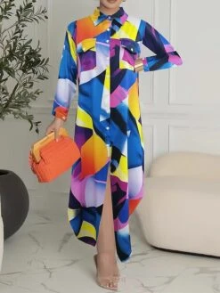 Women's Shirt Dress Casual Dress Maxi Long Dress Outdoor Daily Date Polyester Fashion Hot Shirt Collar Button Pocket Long Sleeve Summer Spring Fall 2023 Regular Fit Black White Yellow Geometric Color -HAYz Clothing Shop dhfkkg1689054937906