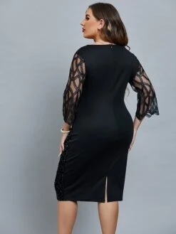 Women's Plus Size Curve Party Dress Solid Color Crew Neck Sequins 3/4 Length Sleeve Spring Fall Sequins Prom Dress Midi Dress Formal Party Dress / Sequin Dress / Mesh -HAYz Clothing Shop dhgeqt1666148779549