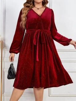 Women's Plus Size Party Dress Velvet Dress Cocktail Dress Midi Dress Wine Long Sleeve Pure Color Lace Up Spring Fall Winter V Neck Fashion Winter Dress Wedding Guest Birthday 2023 XL XXL 3XL 4XL