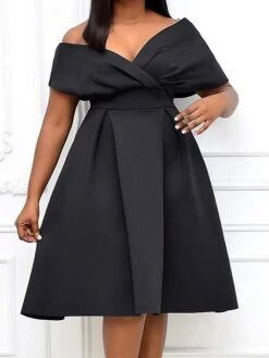 Women's Plus Size Curve Party Dress Solid Color V Neck Short Sleeve Spring Fall Formal Prom Dress Knee Length Dress Party Vacation Dress / Party Dress