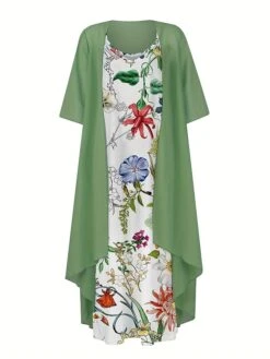 Women's Two Piece Dress Set Casual Dress Swing Dress Daily Date Fashion Streetwear Print Midi Dress Strap 3/4 Length Sleeve Floral Loose Fit Blue Green Fall Winter S M L XL XXL -HAYz Clothing Shop dhpvjn1693805457422