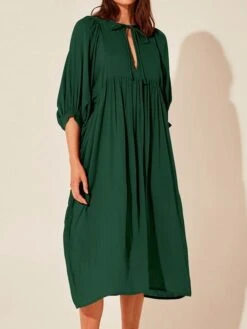 Women's Casual Dress Cotton Linen Dress Shift Dress Midi Dress Cotton Fashion Traditional / Vintage Outdoor Daily Vacation Crew Neck Ruched 3/4 Length Sleeve Fall Winter Autumn 2023 Loose Fit Black -HAYz Clothing Shop diacub1694573536648