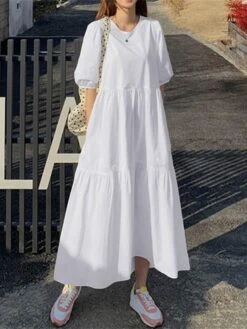 Women's Casual Dress Cotton Linen Dress Swing Dress Maxi Long Dress Cotton Blend Basic Casual Outdoor Daily Holiday Crew Neck Ruched Pocket Half Sleeve Summer Spring 2023 Loose Fit Black White Red -HAYz Clothing Shop dicfrh1657768776046