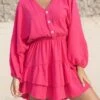 Women's Cotton Linen Dress A Line Dress Loose Dress Mini Dress Linen Cotton Blend Daily Modern Style Daily Holiday Date V Neck Ruffle Button Long Sleeve Spring Fall Autumn 2023 Loose Fit Orange Rose
