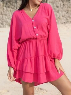 Women's Cotton Linen Dress A Line Dress Loose Dress Mini Dress Linen Cotton Blend Daily Modern Style Daily Holiday Date V Neck Ruffle Button Long Sleeve Spring Fall Autumn 2023 Loose Fit Orange Rose