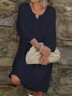 Women's Casual Dress Cotton Linen Dress Shift Dress Midi Dress Cotton Blend Basic Modern Outdoor Daily Vacation V Neck Ruched Basic 3/4 Length Sleeve Summer Spring Fall 2023 Loose Fit White Pink Red -HAYz Clothing Shop difarv1691030548431