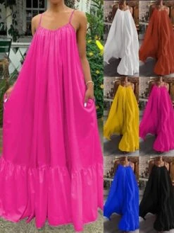 Women's Casual Dress Swing Dress Summer Dress Long Dress Maxi Dress Cotton Basic Casual Outdoor Daily Holiday Strap Ruffle Backless Sleeveless Summer Spring Loose Fit Black White Yellow Plain S M L