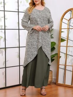 Women's Plus Size Curve Casual Dress A Line Dress Floral Dress Solid Color Floral Long Dress Maxi Dress Long Sleeve Fake Two Piece Crew Neck Fashion Party Green Fall Winter XL XXL 3XL 4XL -HAYz Clothing Shop dizojm1695018764148