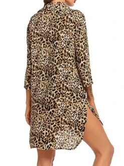 Women's Shirt Dress Beach Dress Beach Wear Mini Dress Button Plus High Low Casual Leopard Turndown 3/4 Length Sleeve Loose Fit Outdoor Daily Azure Black 2023 Spring Summer S M L XL -HAYz Clothing Shop djbnrn1676892560654