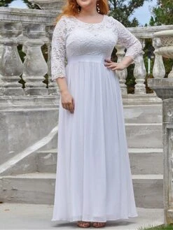 Women's Plus Size Curve Prom Dress Party Dress Lace Dress Long Dress Maxi Dress White Pink Wine 3/4 Length Sleeve Pure Color Lace Spring Fall Winter Crew Neck Fashion Birthday Evening Party -HAYz Clothing Shop djbxzb1692156796559