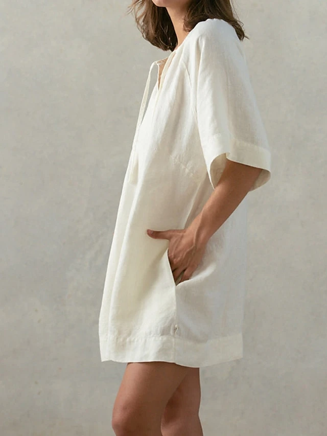 Women's Casual Dress Cotton Linen Dress Mini Dress Cotton Basic Casual Home Daily Vacation V Neck Pocket Short Sleeve Fall Autumn 2023 Loose Fit Apricot Plain S M L 4 Women's Casual Dress Cotton Linen Dress Mini Dress Cotton Basic Casual Home Daily Vacation V Neck Pocket Short Sleeve Fall Autumn 2023 Loose Fit Apricot Plain S M L - Image 4