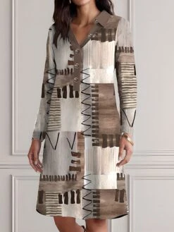 Women's Shirt Dress Casual Dress Cotton Linen Dress Midi Dress Polyester Fashion Casual Daily Outdoor Daily Vacation Shirt Collar Button Print 3/4 Length Sleeve Spring Fall Winter 2023 Loose Fit Blue