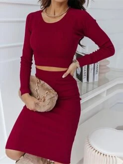 Women's Two Piece Dress Set Casual Dress Skirt Set Outdoor Daily Fashion Sexy Ribbed Midi Dress Crew Neck Long Sleeve Plain Regular Fit Black Wine Green Fall Winter S M L XL -HAYz Clothing Shop djhyfi1695268224607