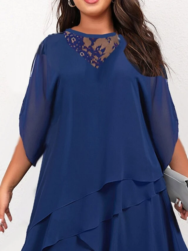 Women‘s Plus Size Curve Work Dress Chiffon Dress Swing Dress Solid Color Long Dress Maxi Dress Half Sleeve Lace Layered Crew Neck Fashion Outdoor Blue Spring Summer L XL XXL 3XL 4XL 2 Women‘s Plus Size Curve Work Dress Chiffon Dress Swing Dress Solid Color Long Dress Maxi Dress Half Sleeve Lace Layered Crew Neck Fashion Outdoor Blue Spring Summer L XL XXL 3XL 4XL - Image 2