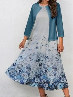 Women's Two Piece Dress Set Casual Dress Swing Dress Outdoor Office Fashion Streetwear Print Midi Dress Crew Neck 3/4 Length Sleeve Floral Regular Fit Navy Blue Royal Blue Blue Fall Winter S M L XL -HAYz Clothing Shop djssdn1697770545383