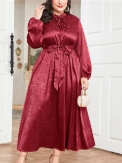 Women's Plus Size Prom Dress Party Dress Wedding Guest Dress Long Dress Maxi Dress Wine Long Sleeve Pure Color Lace Up Fall Winter Autumn Crew Neck Fashion Winter Dress Wedding Guest Evening Party -HAYz Clothing Shop djubuz1693210728274