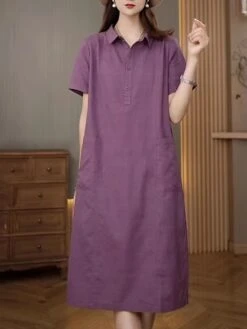 Women's Casual Dress Cotton Linen Dress Midi Dress Polyester Casual Daily Casual Outdoor Home Holiday Shirt Collar Pocket Short Sleeve Summer Spring 2023 Loose Fit Navy Blue Purple Brown Plain M L XL -HAYz Clothing Shop djvijk1689763771249