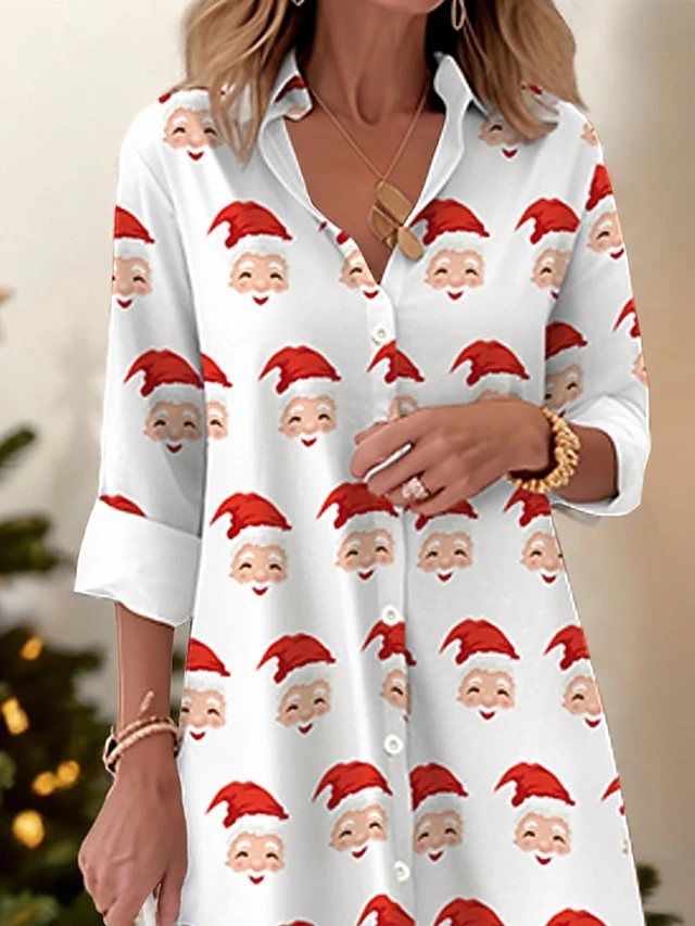 Women's Shirt Dress Casual Dress Midi Dress Outdoor Daily Date Polyester Fashion Modern Shirt Collar Button Pocket Long Sleeve Fall Winter 2023 Loose Fit White Santa Claus S M L XL 2XL 2 Women's Shirt Dress Casual Dress Midi Dress Outdoor Daily Date Polyester Fashion Modern Shirt Collar Button Pocket Long Sleeve Fall Winter 2023 Loose Fit White Santa Claus S M L XL 2XL - Image 2