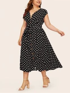 Women‘s Plus Size Curve Flattering Dresses Elegant Apple Shaped Dress Casual Dress A Line Dress Polka Dot Midi Dress Sleeveless Print V Neck Fashion Daily Black White Spring Summer Dress -HAYz Clothing Shop dkihmr1672800407045