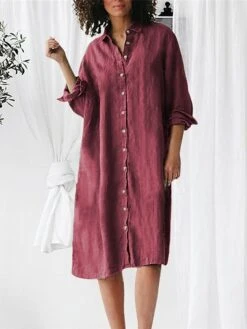 Women's Shirt Dress Casual Dress Cotton Linen Dress Midi Dress Linen / Cotton Blend Basic Classic Outdoor Daily Vacation Shirt Collar Button Long Sleeve Spring Fall Autumn 2023 Loose Fit ArmyGreen -HAYz Clothing Shop dkwehx1692267144563