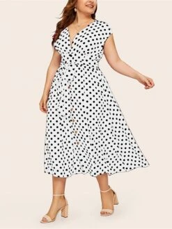 Women‘s Plus Size Curve Flattering Dresses Elegant Apple Shaped Dress Casual Dress A Line Dress Polka Dot Midi Dress Sleeveless Print V Neck Fashion Daily Black White Spring Summer Dress -HAYz Clothing Shop dkwmqf1672800411470