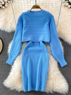 Women's Two Piece Dress Set Casual Dress Sheath Dress Outdoor Daily Fashion Streetwear Ruched Midi Dress Crew Neck Long Sleeve Plain Loose Fit Black White Wine Fall Winter One-Size -HAYz Clothing Shop dldrrc1694057144591