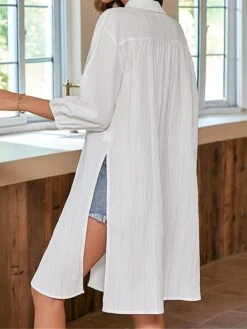 Women‘s Shirt Dress Casual Dress Mini Dress Outdoor Daily Polyester Basic Classic Shirt Collar Button Split 3/4 Length Sleeve Spring Fall 2023 Loose Fit White Pure Color S M L XL -HAYz Clothing Shop dlpdna1692092431466