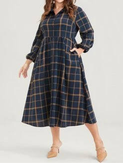 Women's Plus Size Curve Shirt Dress Casual Dress Swing Dress Plaid Midi Dress Long Sleeve Button Pocket Shirt Collar Fashion Outdoor Dark Blue Fall Winter L XL 2XL 3XL 4XL -HAYz Clothing Shop dnfqui1697164651921