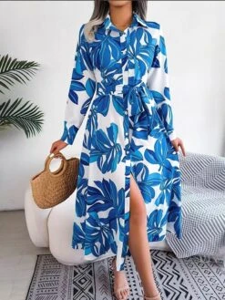 Women's Shirt Dress Casual Dress Midi Dress Outdoor Daily Vacation Polyester Classic Casual Shirt Collar Button Print Long Sleeve Summer Spring Fall 2023 Regular Fit Blue Purple Orange Flower S M L