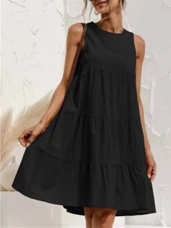 Women's Casual Dress Cotton Linen Dress A Line Dress Mini Dress Cotton Blend Basic Casual Outdoor Daily Crew Neck Ruched Sleeveless Summer Spring 2023 Regular Fit Light Blue ArmyGreen Black Pure Color -HAYz Clothing Shop dnlbxo1678780278604