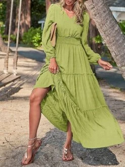 Women's Casual Dress Cotton Linen Dress Swing Dress Midi Dress Polyester Fashion Modern Outdoor Daily Vacation V Neck Ruched Ruffle Long Sleeve Summer Spring Fall 2023 Loose Fit Black Yellow Blue -HAYz Clothing Shop dnmwop1691040690402