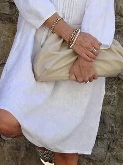 Women's Casual Dress Cotton Linen Dress Shift Dress Midi Dress Cotton Blend Basic Modern Outdoor Daily Vacation V Neck Ruched Basic 3/4 Length Sleeve Summer Spring Fall 2023 Loose Fit White Pink Red -HAYz Clothing Shop dntfri1682652819023