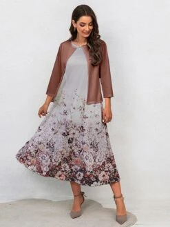 Women's Two Piece Dress Set Casual Dress Swing Dress Outdoor Office Fashion Streetwear Print Midi Dress Crew Neck 3/4 Length Sleeve Floral Regular Fit Navy Blue Royal Blue Blue Fall Winter S M L XL -HAYz Clothing Shop dnyhfo1697770549139