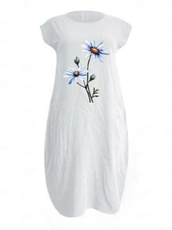 Women's Cotton Linen Dress Midi Dress Linen Cotton Blend Casual Outdoor Daily Vacation Crew Neck Pocket Rolled Cuff Short Sleeve Summer Spring 2023 Loose Fit Black White Navy Blue Floral S M L XL XXL -HAYz Clothing Shop dnypgm1654165015298