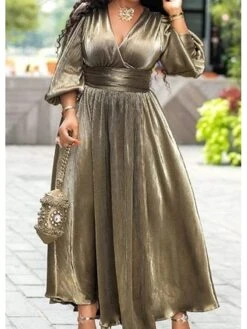 Women‘s Plus Size Curve Party Dress Solid Color V Neck Ruched 3/4 Length Sleeve Winter Fall Vintage Elegant Maxi Long Dress Formal Party Dress